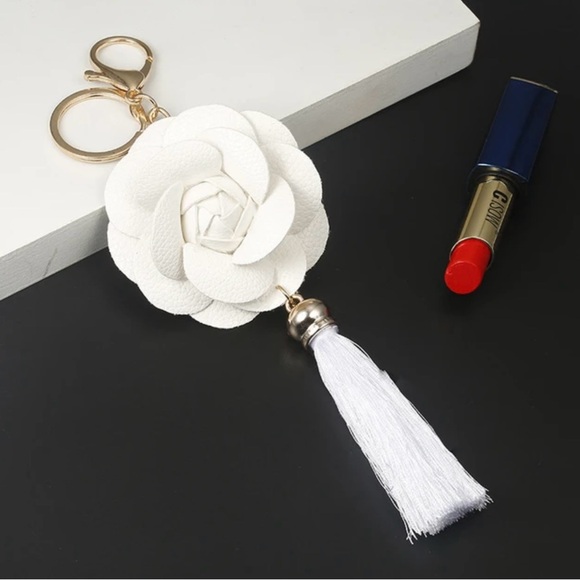 CAMELLIA BAG CHARM KEYCHAIN LEATHER FLOWER HANDMADE MULTIPLE COLORS AVAILABLE - Picture 7 of 16